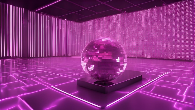 Bola de discoteca roxa em um pedestal em uma sala com luzes neon