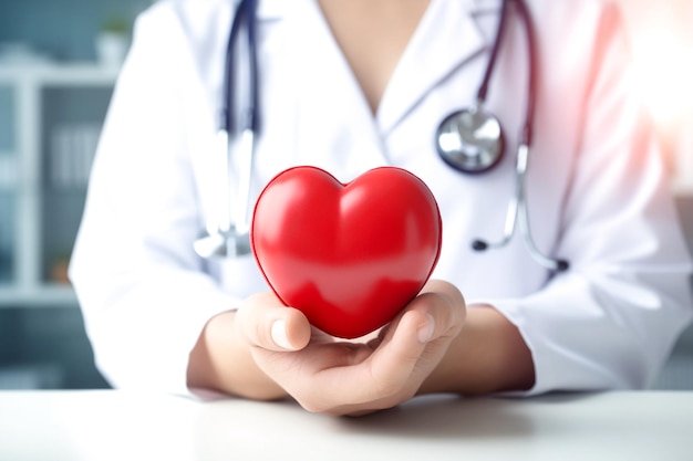 Bola de exercício de mão em forma de coração vermelho com médicos médicos estetoscópio no fundo do hospital