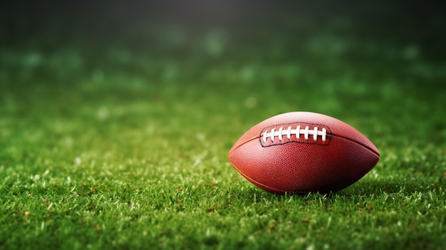 Bola de futebol americano de couro em um espaço de grama verde