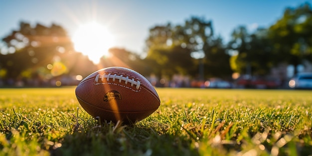 Bola de futebol americano em campo de grama com céu azul e nuvens ao fundo