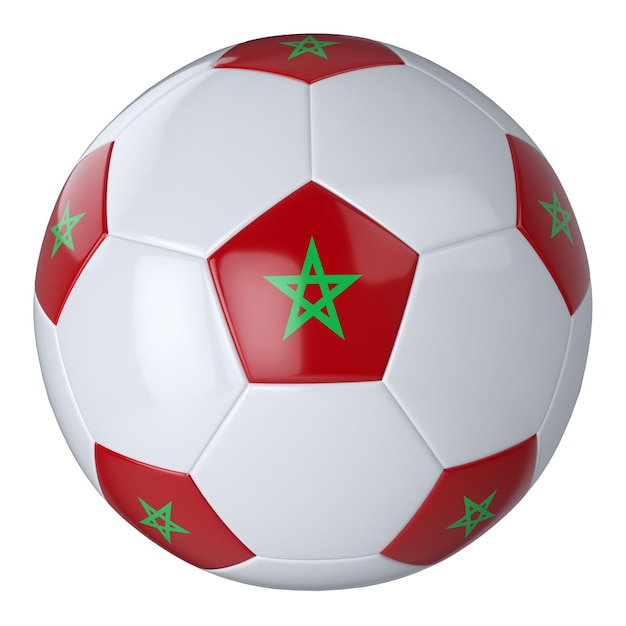 Bola de futebol branca com bandeira de marrocos em fundo branco bola de futebol de couro isolada bola branca clássica com remendos bandeiras de países ilustração 3d