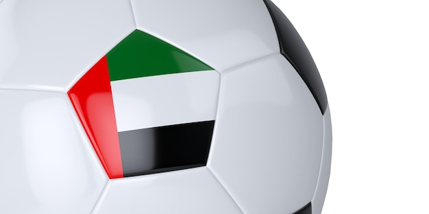 Bola de futebol branca com bandeira dos Emirados Árabes Unidos em um fundo branco Isolado Fechar ilustração 3D