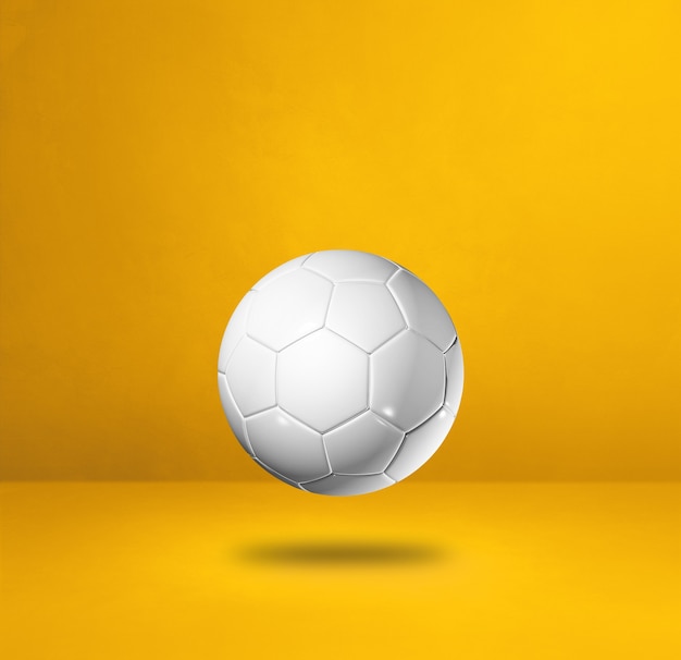 Bola de futebol branca isolada em um fundo amarelo do estúdio. Ilustração 3D