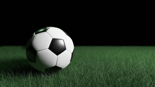 Bola de futebol clássica no campo verde com renderização 3d de fundo preto