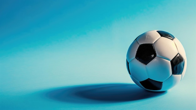 Bola de futebol clássica preta e branca em um fundo azul