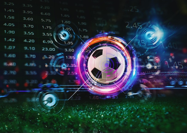 Bola de futebol com análise de apostas online de futebol e fundo de estatísticas