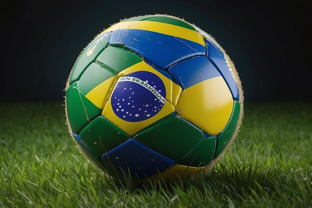 Bola de futebol com bandeira do Brasil em movimento com grama isolada
