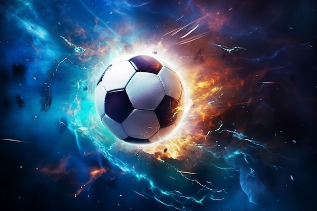 bola de futebol com chamas e relâmpagos voando no céu noturno com fundo azul escuro