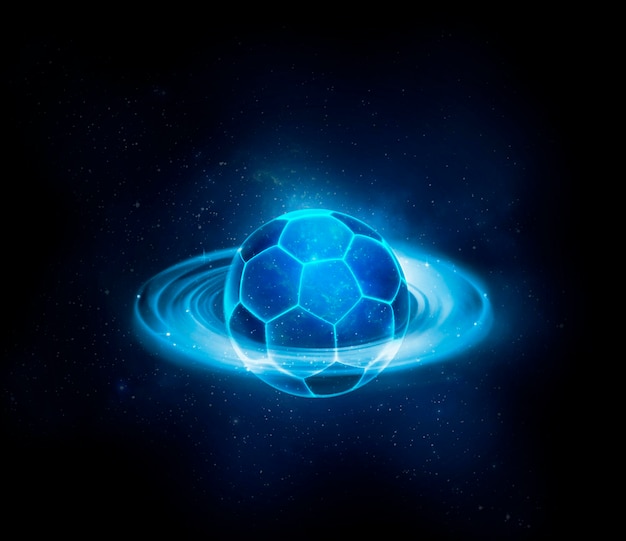 Bola de futebol com conceito de jogo de bola de luzes de néon brilhante azul futurista