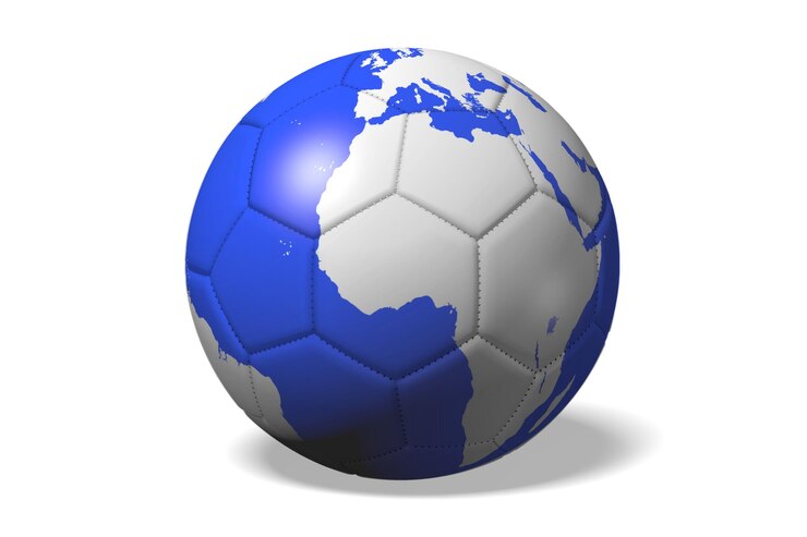 Foto bola de futebol com ilustração 3d do mapa do mundo