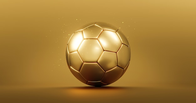 Foto bola de futebol de ouro ou prêmio de campeão de futebol dourado no fundo da competição com o campeonato de troféu de vencedor. renderização 3d.