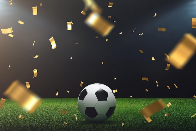 Bola de futebol de renderização 3D com conceito de celebração de confete