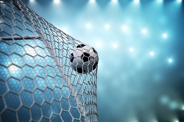Bola de futebol de renderização 3D no gol. Bola de futebol na rede com holofotes e fundo claro do estádio, conceito de sucesso. Bola de futebol sobre fundo azul.