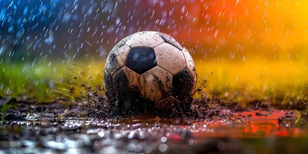 Foto bola de futebol em campo lamacento durante tempestade sinalizando partidas adiadas conceito de futebol campo lamacento tempestade tempestade adiada partidas