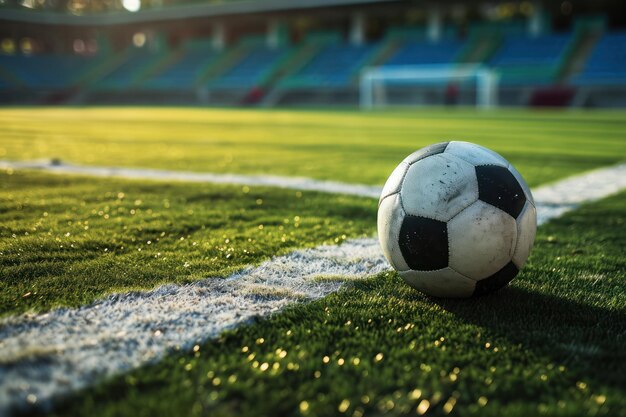 Bola de futebol em campo verde exuberante com luz bokeh o orvalho da manhã cedo destacando o campo sereno