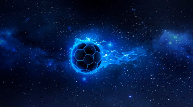 Bola de futebol em chamas azuis claras flutuando na vista do planeta do espaço 3d render