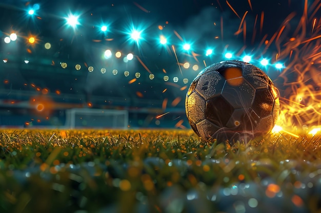 Bola de futebol em chamas no campo do estádio à noite