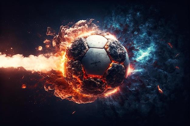 Bola de futebol em chamas voando rápido em chamas com faíscas em um fundo preto