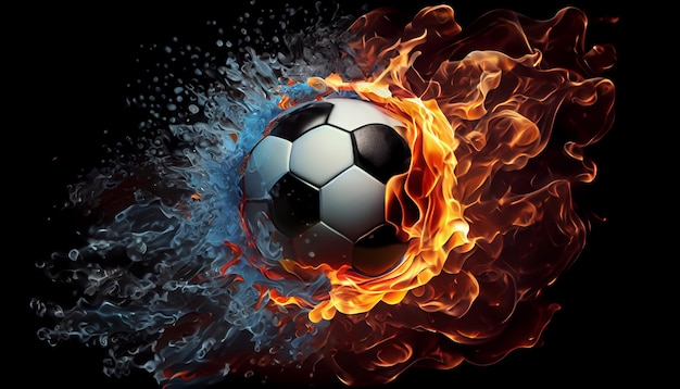 Bola de futebol em fogo e água Ilustração da bola de futeblol envolvida em elementos em fundo preto Imagem de bola de fuite em fogo e agua de alta resolução para um cartaz de jogo de futebal