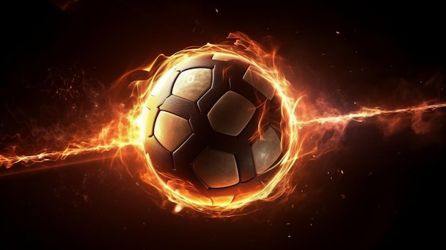 Bola de futebol em movimento A bola voa com a velocidade da luz e efeitos de chama laranja em um futurismo