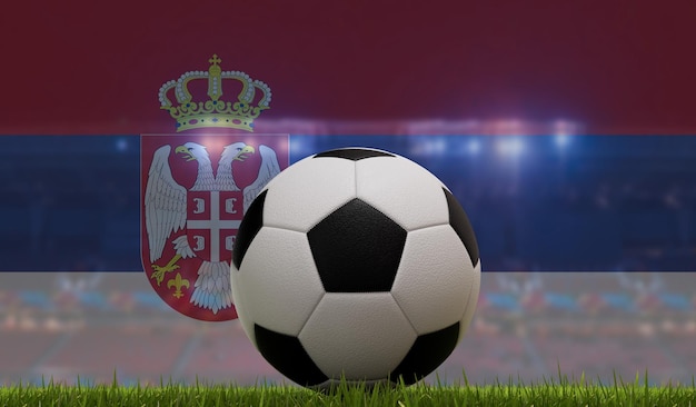 Bola de futebol em um campo de grama em frente às luzes do estádio e renderização 3D da bandeira da sérvia