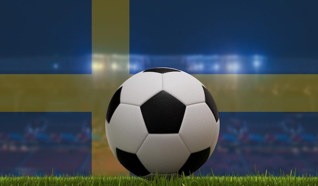 Bola de futebol em um campo de grama em frente às luzes do estádio e renderização em 3D da bandeira sueca