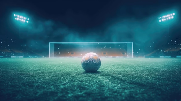 Bola de futebol em um campo iluminado Criado com tecnologia Generative AI