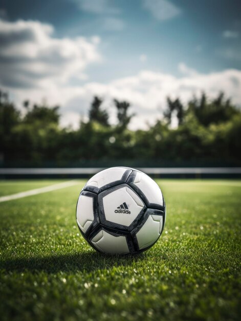 Bola de futebol em um campo perto dos portões