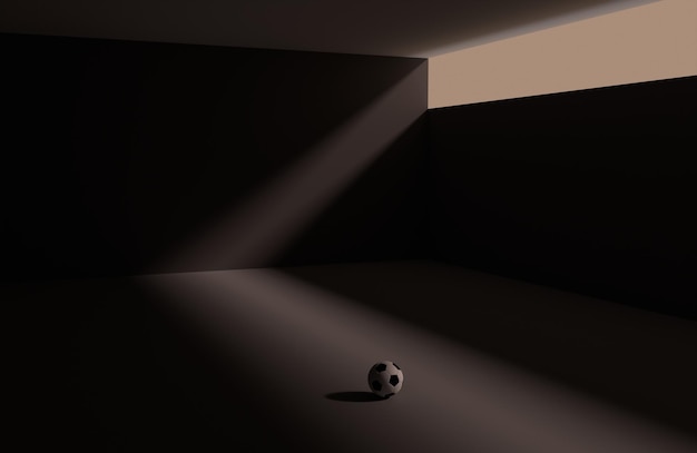 Bola de futebol em um quarto escuro com raios de luz conceito de perseverança de solidão de treino renderização 3d