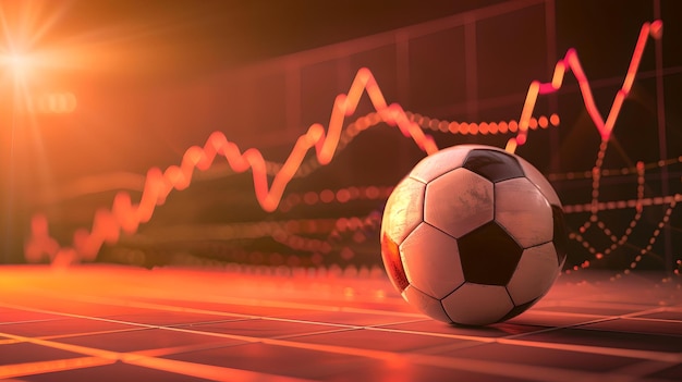 Bola de futebol em uma quadra com linhas de tendência do mercado de ações pulsante, imagens conceituais de esportes e finanças, estilo de arte digital moderno, ideal para finanças e conteúdo relacionado a esportes.