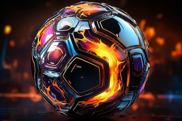 Bola de futebol futurista em cores cibernéticas vibrantes