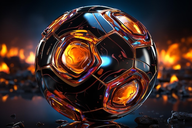 Bola de futebol futurista em cores cibernéticas vibrantes