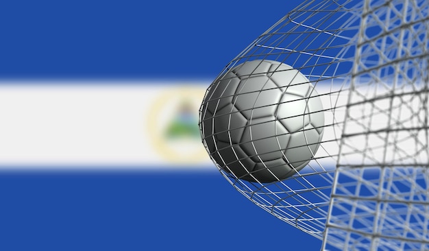 Bola de futebol marca um gol em uma rede contra a renderização 3D da bandeira da Nicarágua