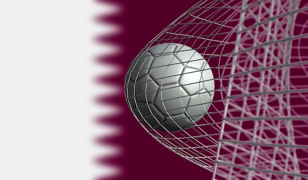 Foto bola de futebol marca um gol em uma rede contra a rendição 3d da bandeira do qatar