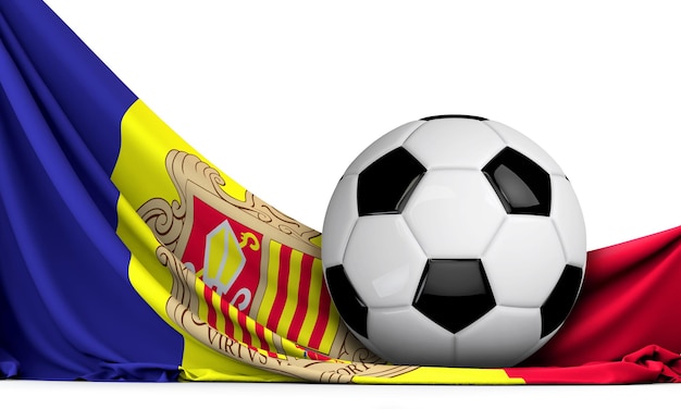 Bola de futebol na bandeira da renderização 3D do fundo do futebol de Andorra