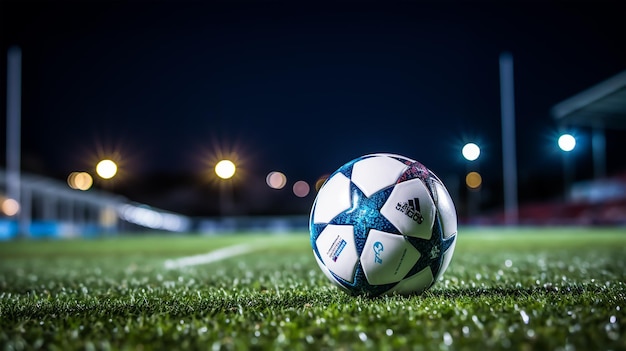 Bola de futebol na grama verde do estádio de futebol à noite com luzes