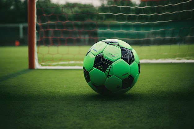 Foto bola de futebol na meta com fundo verde