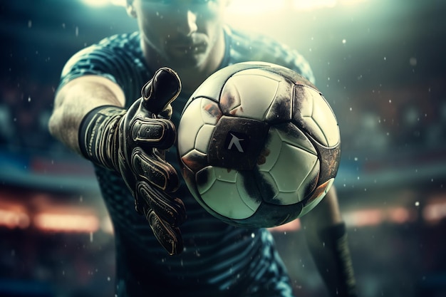 Bola de futebol nas mãos do goleiro que pega a bola conceito de esporte e estilo de vida saudável