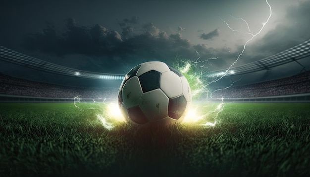 Bola de futebol no campo de futebol verde do estádio fecha o campeonato mundial brilhante de néon noturno