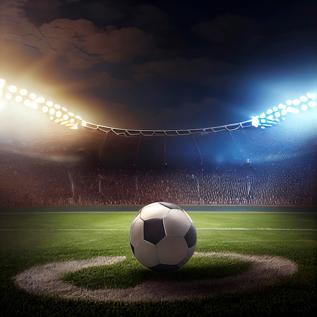 Bola de futebol no campo do estádio com luzes ao fundo