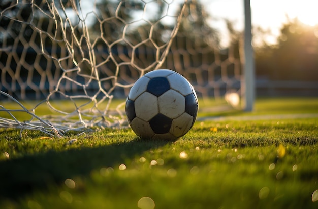 Foto bola de futebol no gol ao pôr-do-sol
