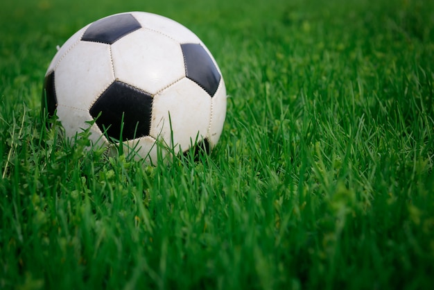 Bola de futebol no gramado no dia de verão ensolarado, close-up. Bola branca e preta na grama verde, copie o espaço. Conceito de recreação ativa, entretenimento esportivo na natureza.