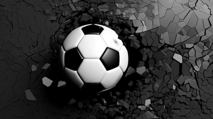 Foto bola de futebol quebrando à força através de uma ilustração 3d de parede preta