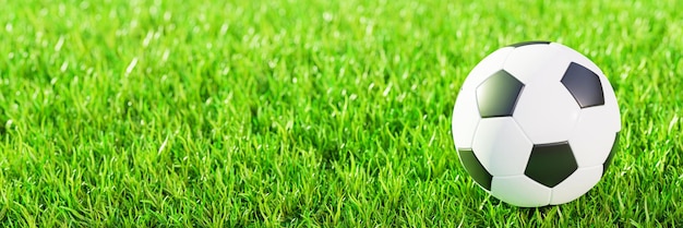 Bola de futebol realista ou padrão básico de futebol no campo de grama verde com luz solar e sol