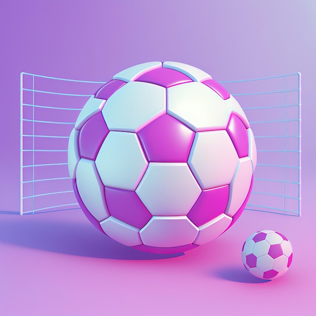 Bola de futebol ultra macia engraçada na grade do gol isolada em fundo rosa Cores pastel Cartaz colorido e banner Ilustração 3D de estilo de ar mínimo dos desenhos animados