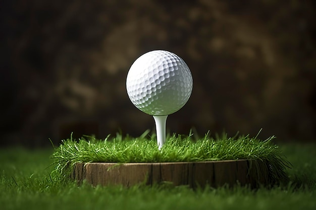 Bola de golfe branca em camiseta de madeira com grama