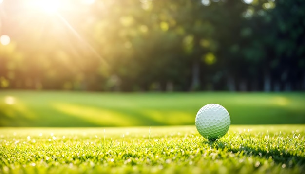 Bola de golfe branca em um campo verde fundo desfocado com espaço de cópia