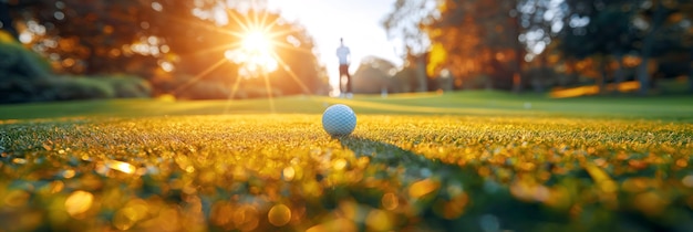 bola de golfe branca na grama verde do gramado no campo de golfe no verão ao pôr do sol
