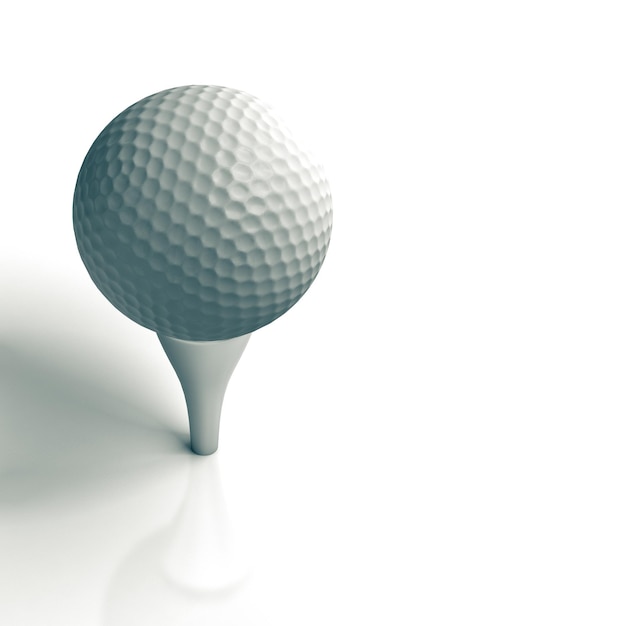 Bola de golfe e tee sobre um fundo branco com reflexo - imagem dedicada a um ângulo de página