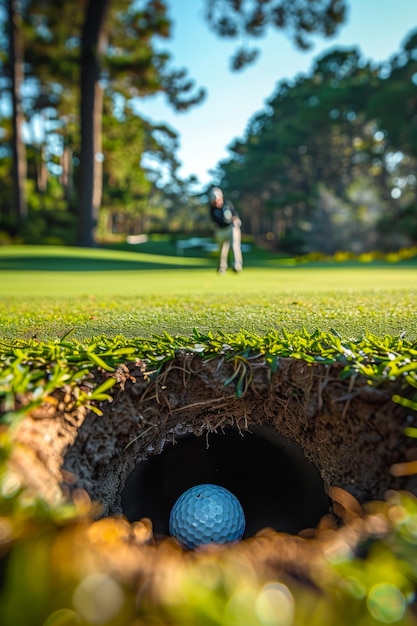 Bola de golfe em close-up no buraco com o jogador em segundo plano no campo